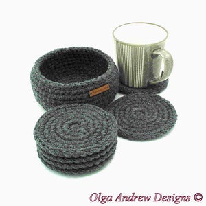 Coaster crochet set of 4, 6, 8, 10 with holder, crochet coasters with holder, men coasters, coaster set for office or home, coffee coasters, tea coasters, drink coasters, thick coasters, soft coasters, table coasters, OlgaAndrewBoutique