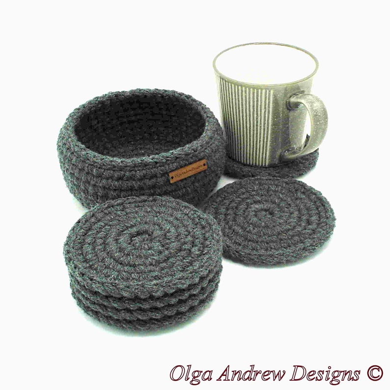 Coaster crochet set of 4, 6, 8, 10 with holder, crochet coasters with holder, men coasters, coaster set for office or home, coffee coasters, tea coasters, drink coasters, thick coasters, soft coasters, table coasters, OlgaAndrewBoutique