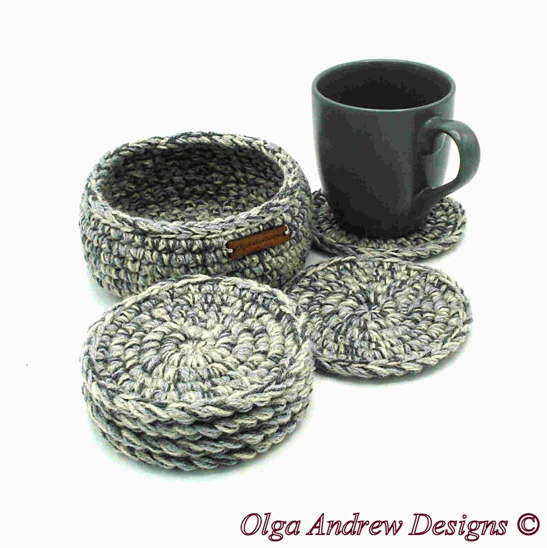 Crochet coaster set of 4, 6, 8, 10 with holder, coaster set for home or office, coasters with holder, coffee coasters, coaster set with holder, drink coasters, men coasters, tea coasters, soft coasters, table coasters, OlgaAndrewBoutique