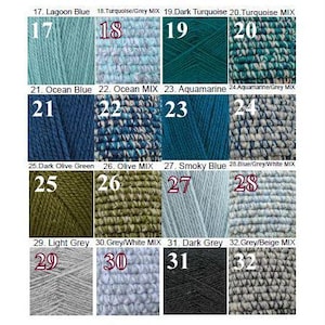 May include: A color chart displaying 16 yarn samples in various shades. Colors include Lagoon Blue, Dark Turquoise, Ocean Blue, Aquamarine, Dark Olive Green, Smoky Blue, and Light Grey. Each color is labeled with a number and name.