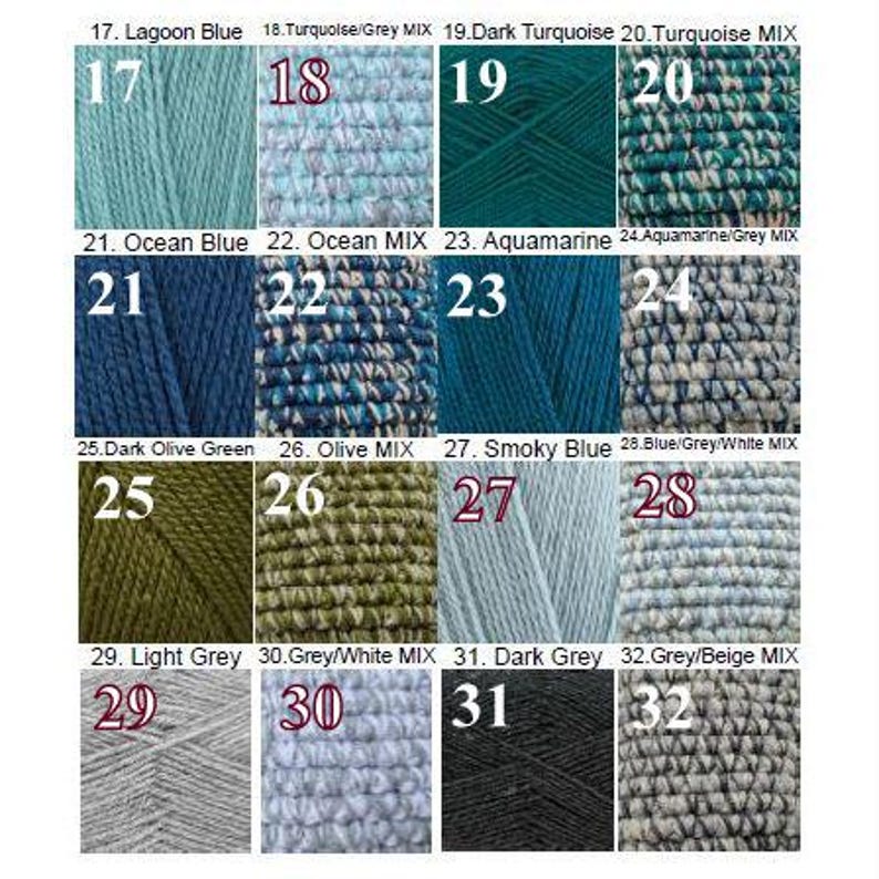 Może przedstawiać: Karta kolor&oacute;w przedstawiająca 16 pr&oacute;bek przędzy w r&oacute;żnych odcieniach. Kolory obejmują Lagoon Blue, Dark Turquoise, Ocean Blue, Aquamarine, Dark Olive Green, Smoky Blue i Light Grey. Każdy kolor jest oznaczony numerem i nazwą.