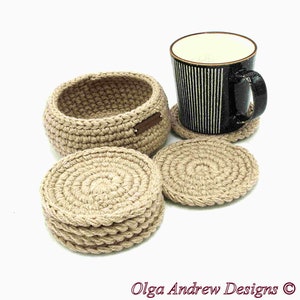 Coaster crochet set of 4, 6, 8, 10 with holder, crochet coasters with holder, men coasters, coaster set for office or home, coffee coasters, tea coasters, drink coasters, thick coasters, soft coasters, table coasters, OlgaAndrewBoutique