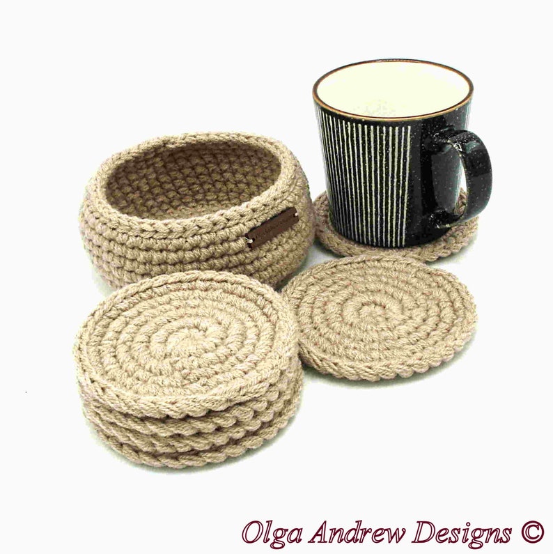 Coaster crochet set of 4, 6, 8, 10 with holder, crochet coasters with holder, men coasters, coaster set for office or home, coffee coasters, tea coasters, drink coasters, thick coasters, soft coasters, table coasters, OlgaAndrewBoutique