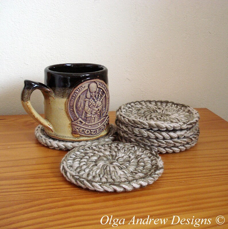 Rustic Crochet Coasters With Holder Drink Coaster Set Etsy