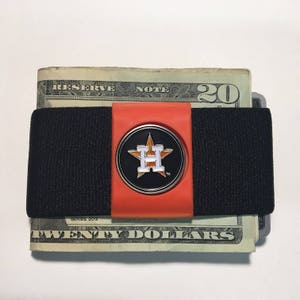 Clip elástico para billetes de los Houston Astros / Billetera BAND-IT suave y delgada con bolsillo frontal. Ideal como regalo para novios, billetera de viaje y portadocumentos