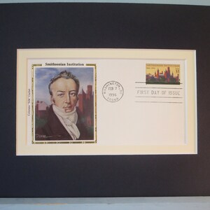 The Smithsonian Institute and the First Day Cover of the stamp issued to honor its 150th Anniversary