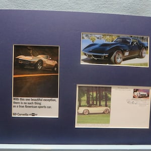 May include: A framed collage of three vintage Chevrolet Corvette advertisements. The top image shows a blue 1969 Corvette with the text "With this one beautiful exception, there is no such thing as a true American sports car. 69 Corvette". The bottom left image shows a white 1969 Corvette convertible. The bottom right image shows a black 1967 Corvette with the text "The Sporty Car 1967 Chevrolet Corvette".