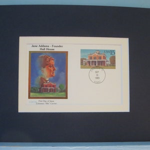 Jane Addams, fondatrice de Hull House, célèbre travailleuse sociale, défenseure de la paix et suffragiste et couverture du premier jour de son propre timbre