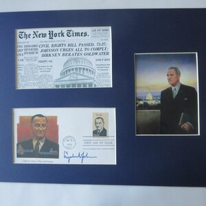 Lyndon Johnson and Martin Luther King champion passage of 1964 Civil Rights Act & First day Cover of his own stamp