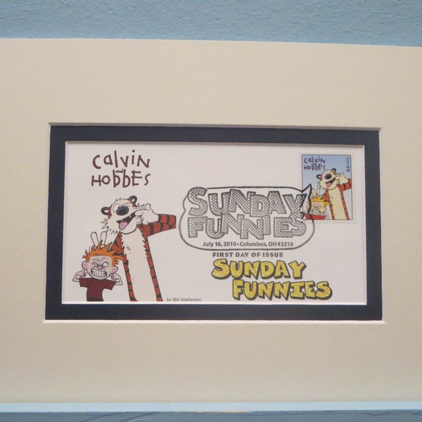 Calvin & Hobbes - Famous Sunday Funnies Comic Strip and the First Day Cover of their own stamp