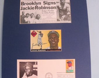 Baseball Hall of Famer and Brooklyn Dodger Great  Jackie Robinson breaks the Baseball color barrier  & First Day Cover of his own stamp