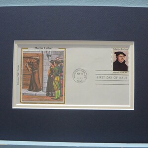 Martin Luther starts the Protestant Reformation in Wittenberg & First Day Cover of his own stamp on the 500th Anniversary of his birth
