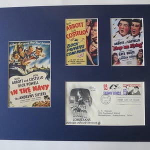 Abbott and Costello in In The Navy, Keep Em Flying, and Buck privates Come Home and First Day Cover of the Abbott and Costello stamp