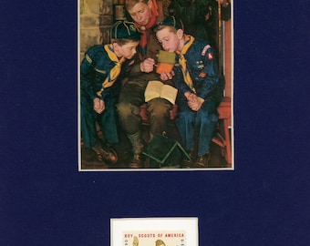 Norman Rockwell's  painting of a Boy Scout, the Den Chief,  helping his Cub Scouts honored by the  Boy Scout Stamp of the 50th Anniversary