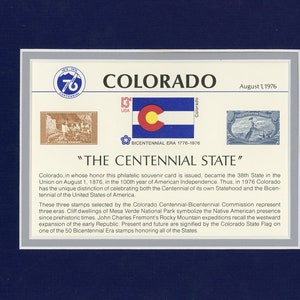 The Centennial State of Colorado honored on its 100 Aniversary of Statehood by Souvenir Sheet #SC50 issued by the US Post Office