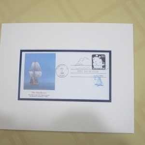 The Mayflower - Pilgrims sail to America and land on Plymouth Rock & First Day Cover of the Mayflower stamp