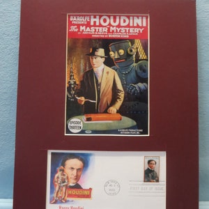 The Great Magician and Great Escape Artist Harry Houdini in movie serial &quot;The Master Mystery&quot; & First Day Cover of his own stamp