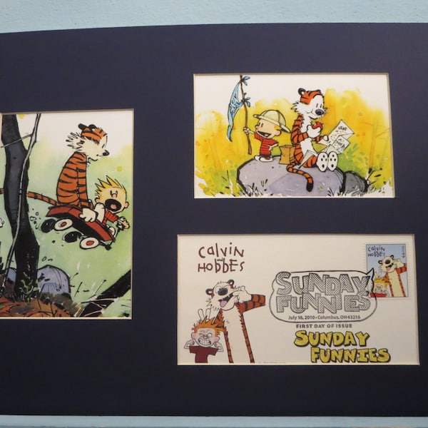 Calvin & Hobbes - Famous Sunday Funnies Comic Strip and the First Day Cover of their own stamp