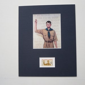 Norman Rockwell&#39;s painting of a Boy Scout reciting the Boy Scout Oath and the  stamp issued to honor the 50th Anniversary of the Boy Scouts