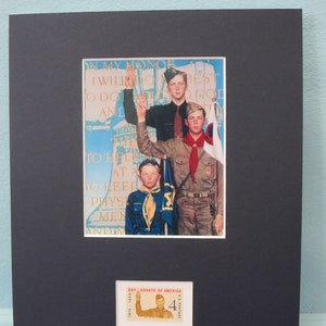 Norman Rockwell&#39;s painting of Cub Scouts, Boy Scouts and Explorers & the stamp issued to honor the 50th Anniversary of the Boy Scouts