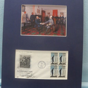General Grant accepts Robert E. Lee&#39;s Surrender at Appomattox & First Day Cover of its own stamp.