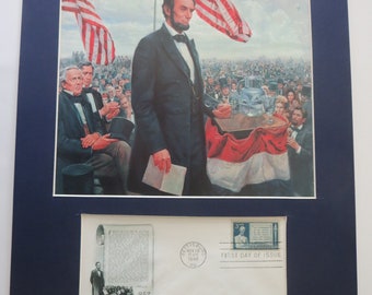 The Gettysburg Address delivered by Abraham Lincoln and First Day Cover of its his own stamp