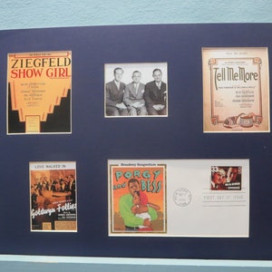 May include: A framed collage of vintage Broadway show memorabilia, including sheet music covers for "Ziegfeld Show Girl", "Tell Me More", and "Porgy and Bess", a photo of three men, and a "First Day of Issue" stamp featuring a scene from "Porgy and Bess".