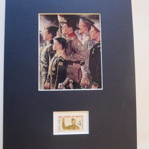 Norman Rockwell&#39;s painting of Cub Scouts, Boy Scouts and Explorers & the stamp issued to honor the 40th Anniversary of the Boy Scouts