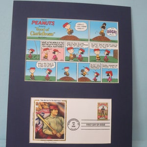 Peanuts featuring Snoopy, Charlie Brown and Lucy & the First Day Cover of the stamp issued for &quot;Take Me Out to the Ball Game&quot;