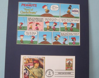 Peanuts featuring Snoopy, Charlie Brown and Lucy & the First Day Cover of the stamp issued for "Take Me Out to the Ball Game"