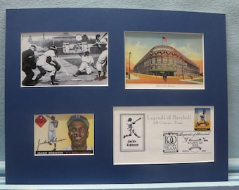 Baseball Hall of Famer and Brooklyn Dodger Great Jackie Robinson stealing home against Pittsburgh & First Day Cover of his own stamp