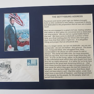 The Gettysburg Address delivered by Abraham Lincoln and First Day Cover of his own stamp