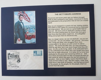 The Gettysburg Address delivered by Abraham Lincoln and First Day Cover of his own stamp