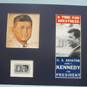 Norman Rockwell painting of John F. Kennedy and 1960 Presidential Campaign Poster honored by his own stamp