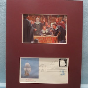 The Pilgrims sign the Mayflower Compact & First Day Cover of the Mayflower stamp
