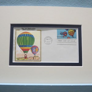 Hete luchtballon varen & de eerste dag cover van het stempel afgegeven van de 200e verjaardag van de eerste succesvolle luchtballon vlucht in 1783