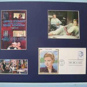 Alfred Hitchcock&#39;s Rear Window starring James Stewart & Grace Kelly and First Day Cover of the Grace Kelly Stamp