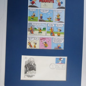 Peanuts featuring Charlie Brown and Lucy playing baseball & the First Day Cover of the Snoopy stamp