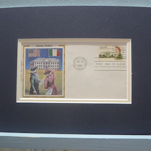 May include: A first day of issue envelope featuring a stamp with a depiction of James Hoban, the architect of the White House, and the White House itself. The envelope is dated October 13, 1981, and has a "First Day of Issue" inscription.