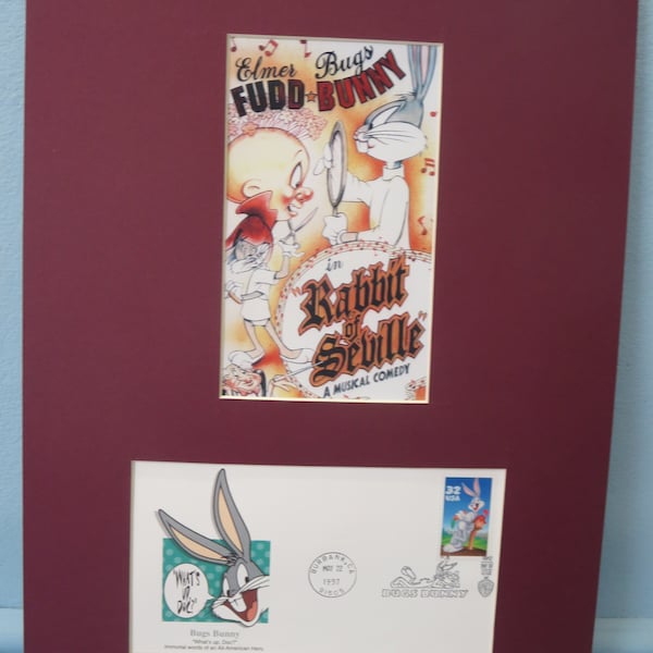 Warner Brothers Cartoon - Rabbit of Seville with Bugs Bunny and Elmer Fudd and First Day Cover of his own stamp
