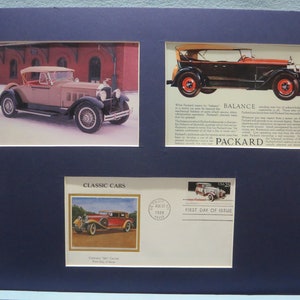 May include: A framed print featuring three images of vintage Packard automobiles. The top left image shows a tan Packard convertible, the top right image shows a black Packard sedan with the text "Balance PACKARD" and the bottom image shows a red Packard sedan with the text "CLASSIC CARS USA 25 FIRST DAY OF ISSUE".