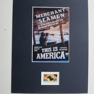 May include: A vintage poster with the text "Merchant Seamen" and "This is America" with a picture of a sailor looking through binoculars on a ship. A stamp with a picture of a jeep is in the bottom right corner.