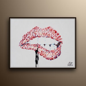 Red lips 40" painting Lips biting Pop Art Modern Painting  Extremely unique, pinkish red color, thick layers, By Koby Feldmos