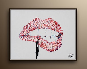 Red lips 40" painting Lips biting Pop Art Modern Painting  Extremely unique, pinkish red color, thick layers, By Koby Feldmos