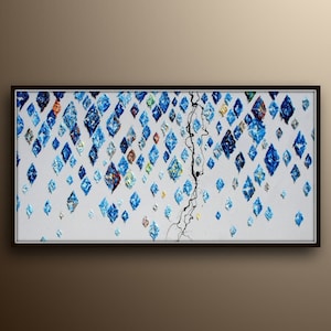 Falling Diamonds 55" Texture painting, thick oil layers, calming cold blue colors with touch of hot tones, By Koby Feldmos