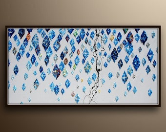 Falling Diamonds 55" Textuurschilderij, dikke olielagen, kalmerende koude blauwe kleuren met een vleugje warme tinten, door Koby Feldmos