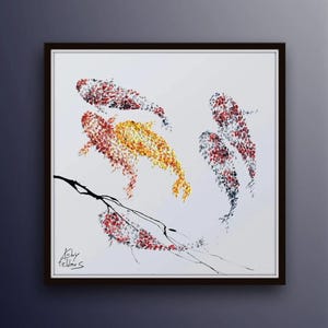 May include: Abstract painting of koi fish in shades of red, gold, and black against a white background. The artwork features four fish with textured brushstrokes, and a black branch with red accents. The painting is framed in a dark brown frame.