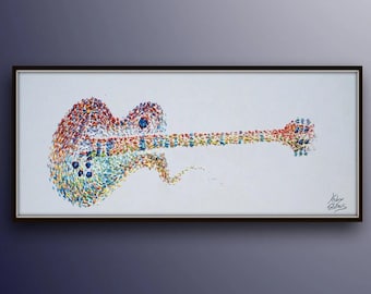 Guitarra gigante de 67 pulgadas. Pintura al óleo. Composición y colores asombrosos. Original y hecha a mano. Pieza de arte única de Koby Feldmos.