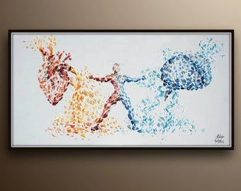 Heart vs. Brain Conaffekt 60" Original Ölgemälde auf Leinwand, warme und kalte Farben, Strukturbild, handgefertigt von Koby Feldmos