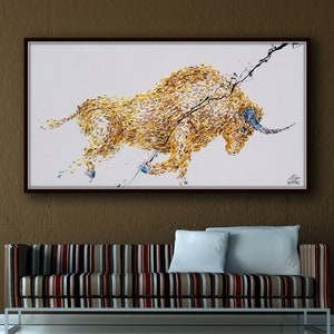 Animal Bull Painting 67" Yellow Abstract Painting on canvas, Original & HandMade Oil painting ,  Express Shipping, q By Koby Feldmos